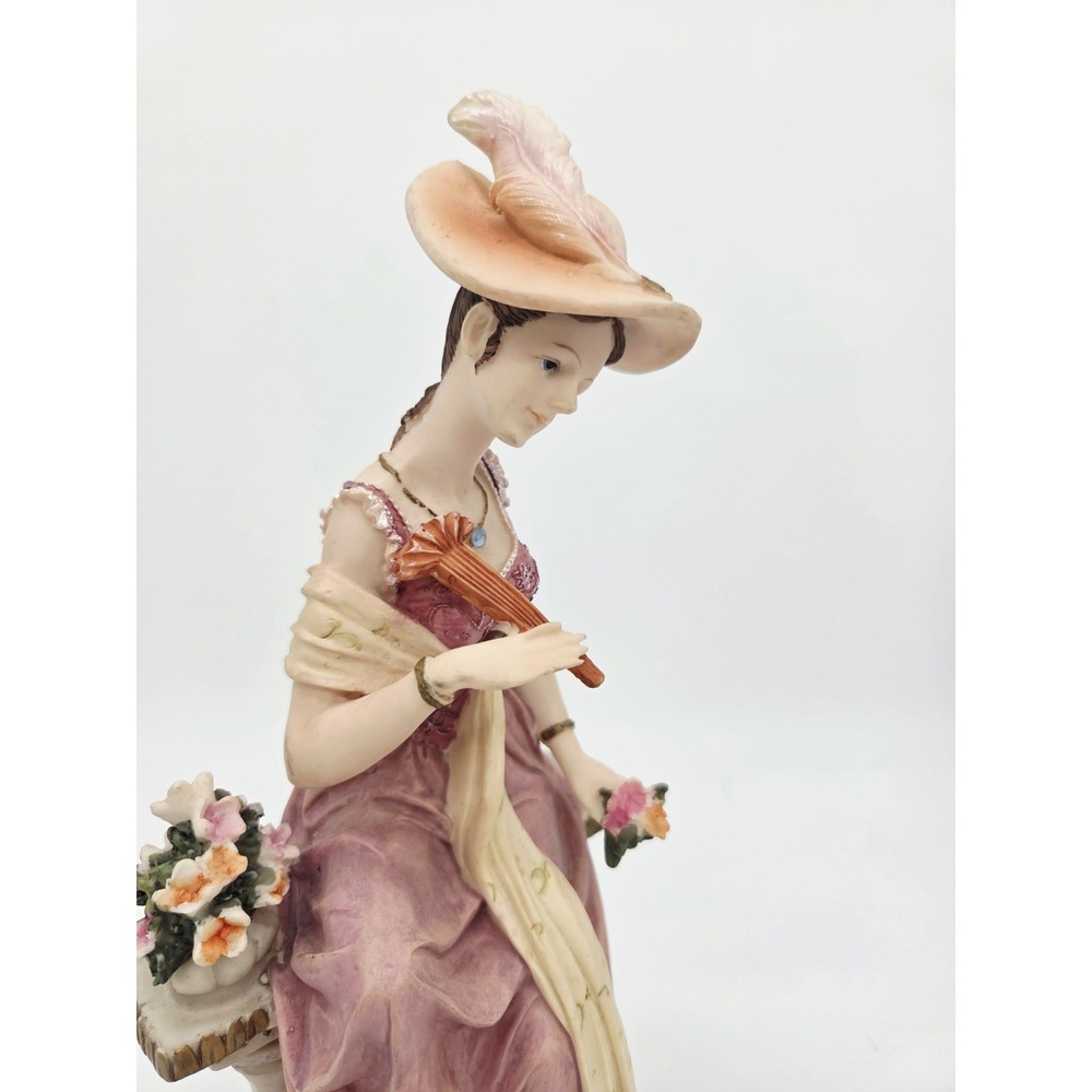 Woman With Flowers Bench Figurine Tea Party  13.5" Resin On Wood Base - Picture 2 of 7